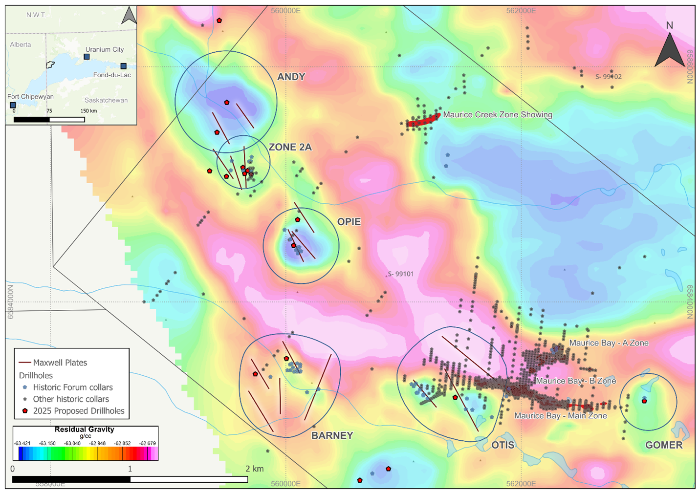 The residual gravity is the background and the historical drill collars are shown. The reprocessed Maxwell Plates are the solid lines and were generated from the historical HLEM data and will be used to aid in drill targeting.