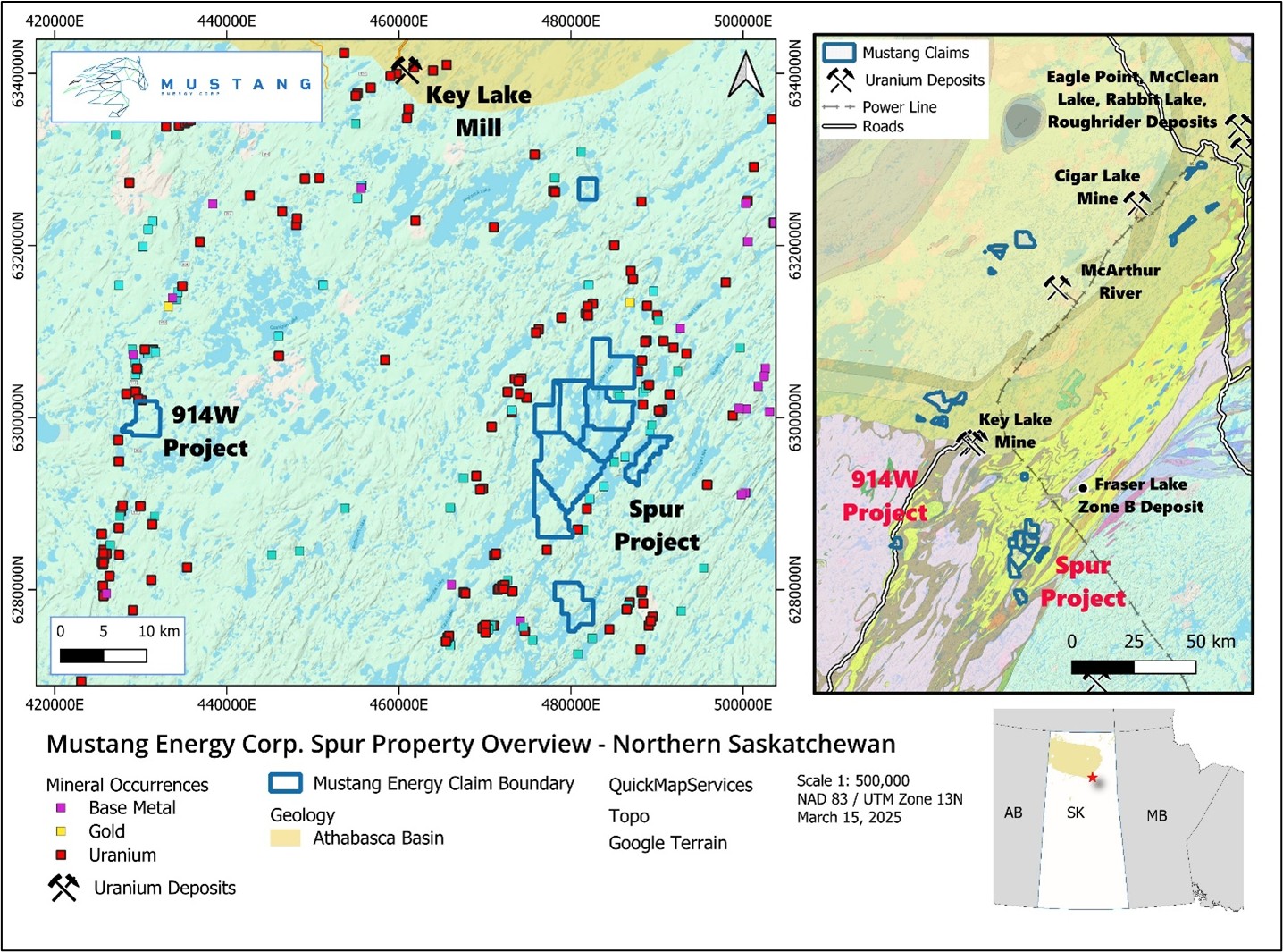 Overview of Mustang Energy's newly acquired claim south of the Athabasca Basin, Saskatchewan